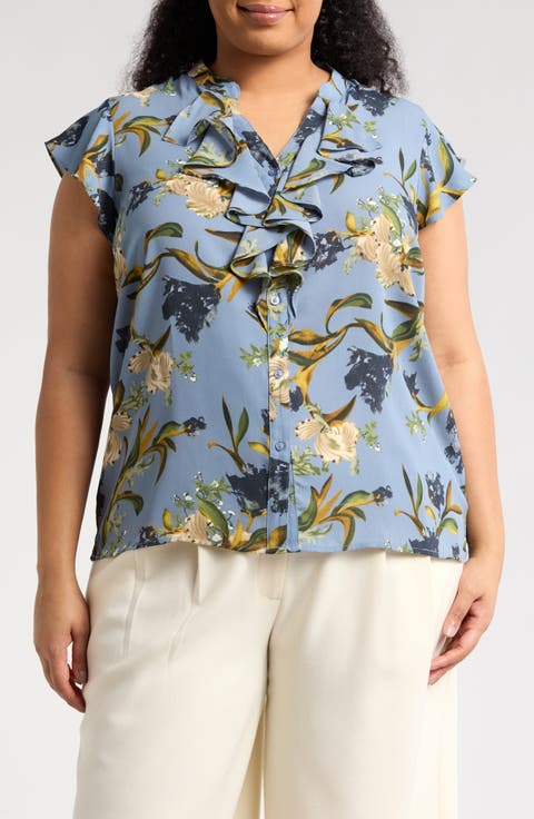 Ruffle Cap Sleeve Button-Up Top (Plus)