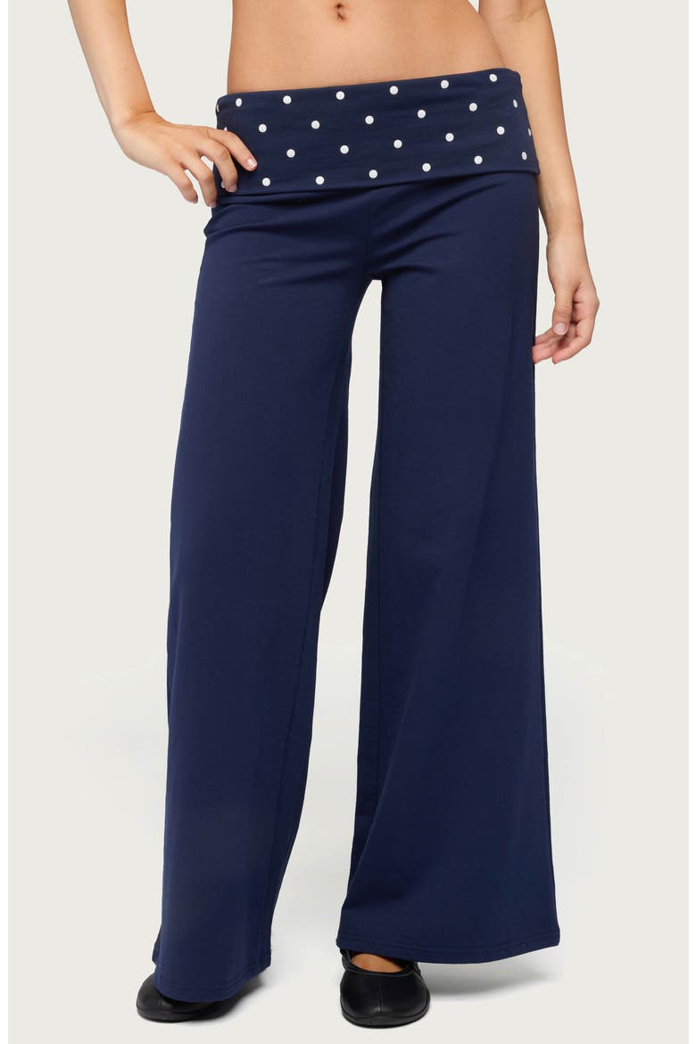 Reeva Polka Dot Foldover Wide Leg Pants, Main, color, NAVY