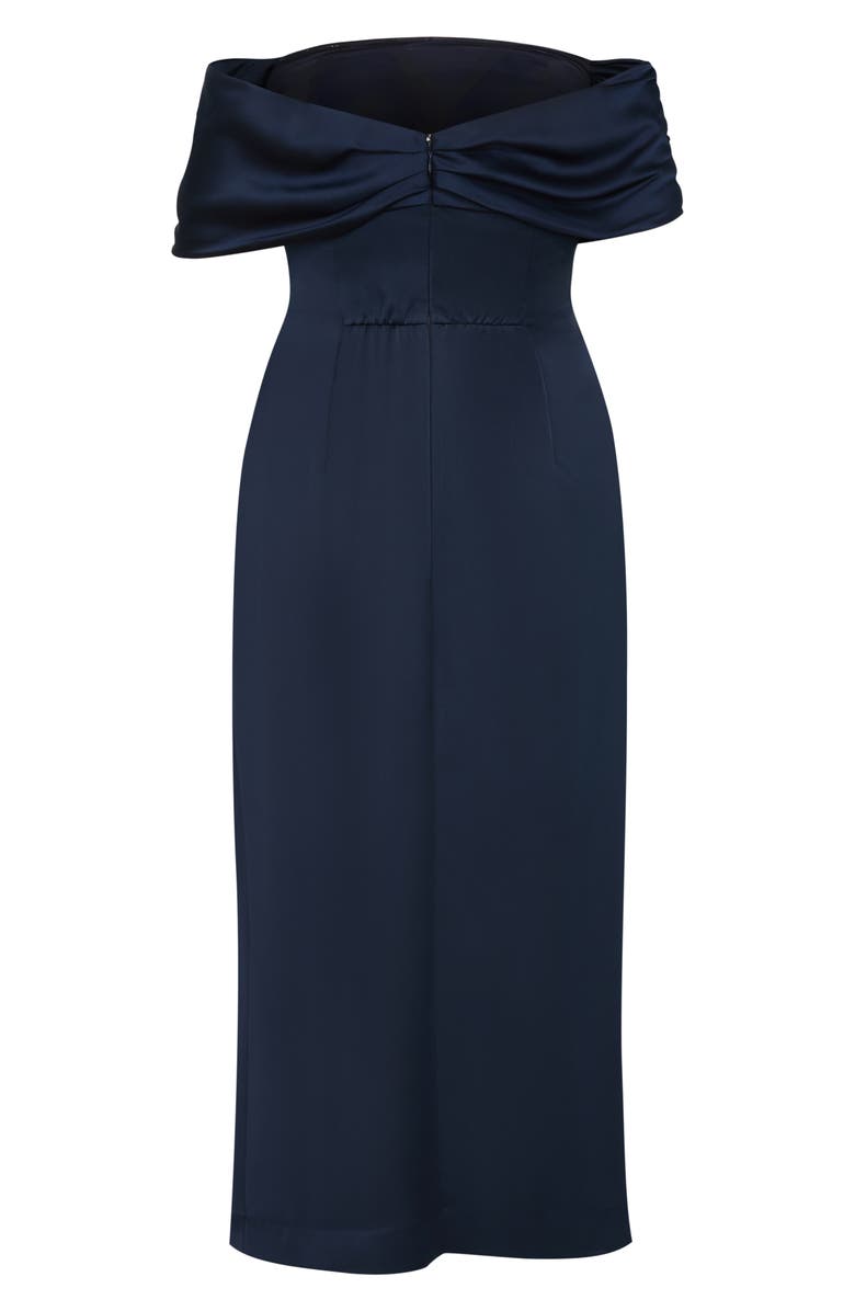 City Chic Paloma Off the Shoulder Satin Maxi Dress, Alternate, color, Navy