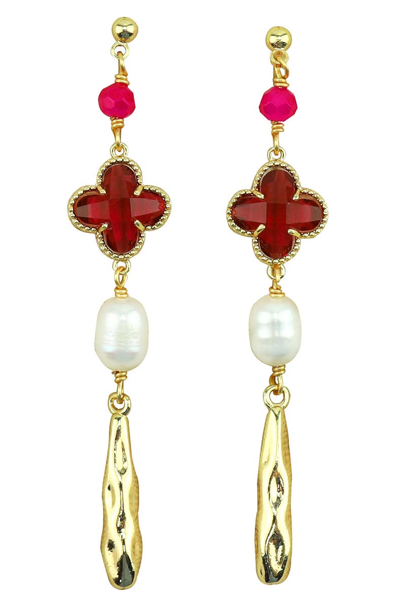 Panacea Magenta Clover & Freshwater Pearl Teardrop Earrings, Main, color,