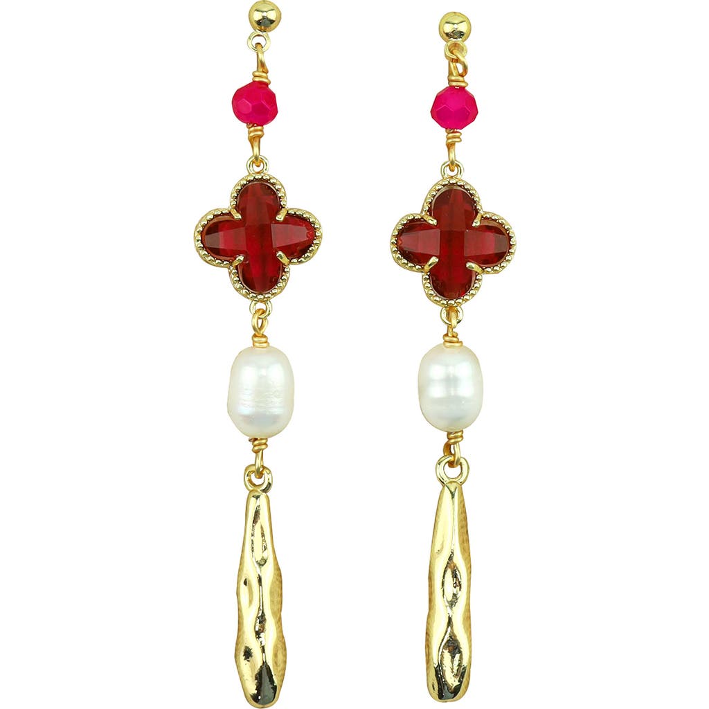 Panacea Magenta Clover & Freshwater Pearl Teardrop Earrings