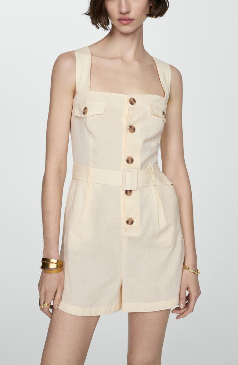 MANGO Belted Sleeveless Cotton & Linen Romper, Alternate, color, 