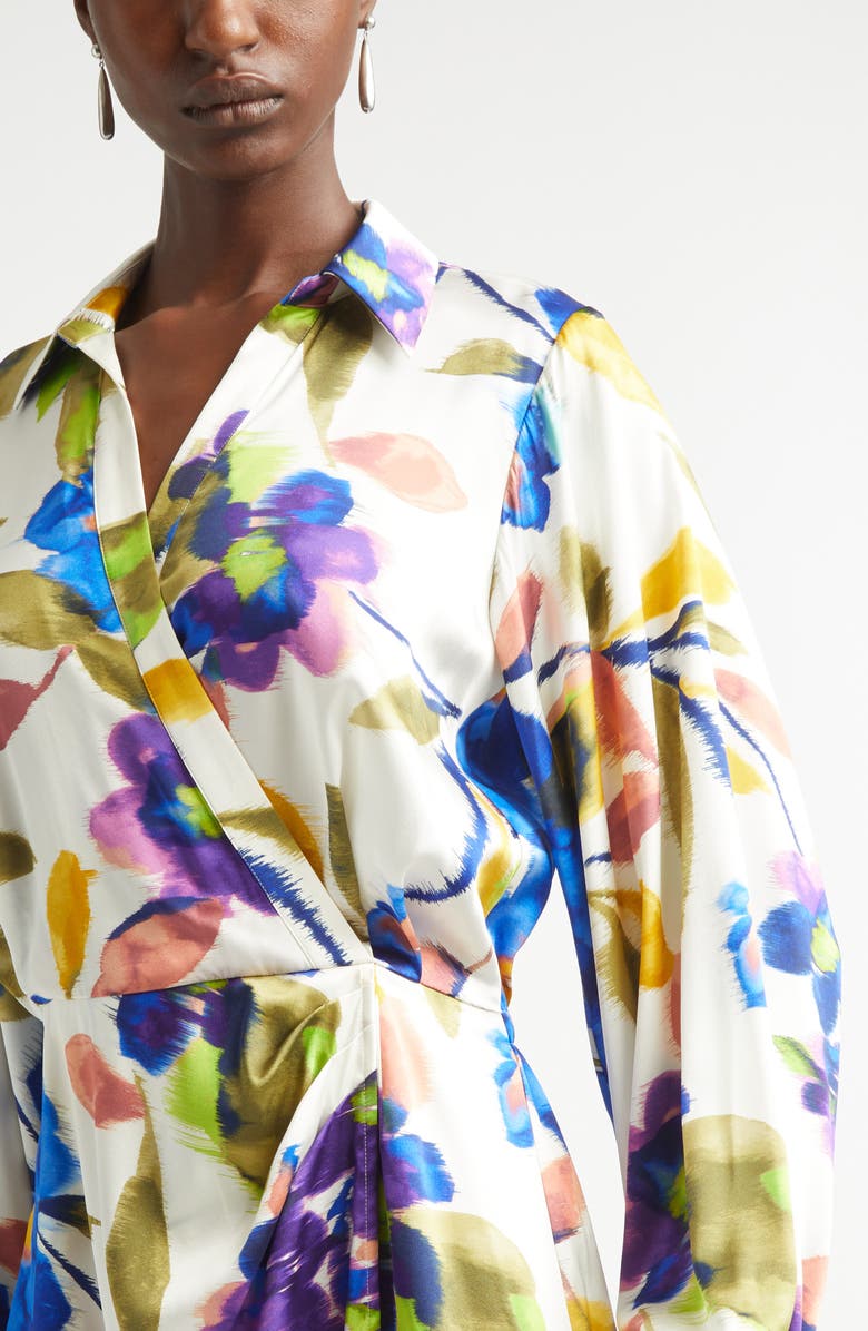 Ramy Brook Printed Carolyn Wrap Front Long Sleeve Silk Blend Dress, Alternate, color, Ivory Floral Silk