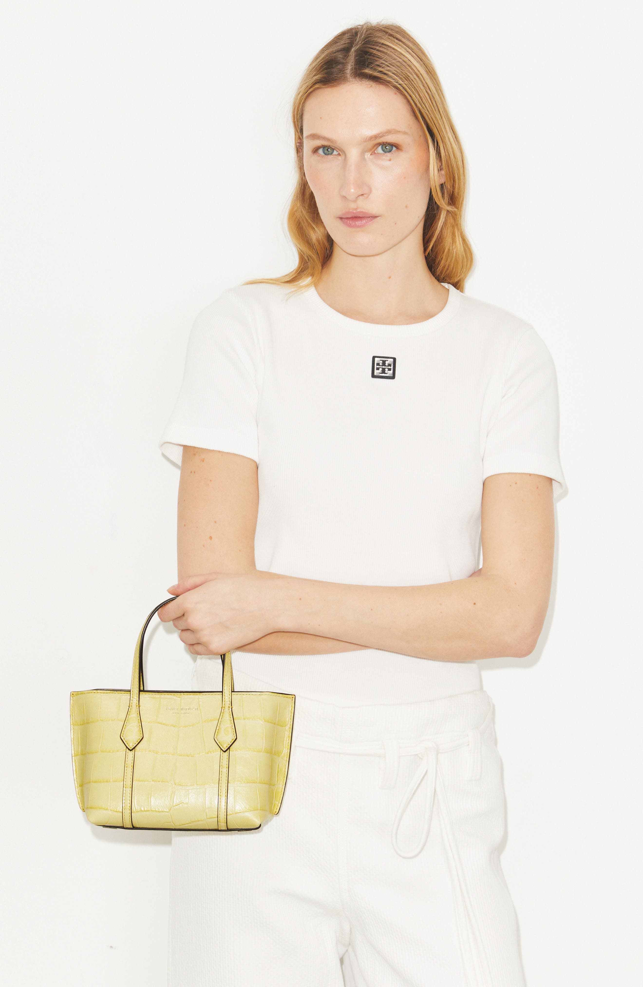 Tory Burch Mini Perry Embossed Leather Tote, Alternate, color, Yellow Sky