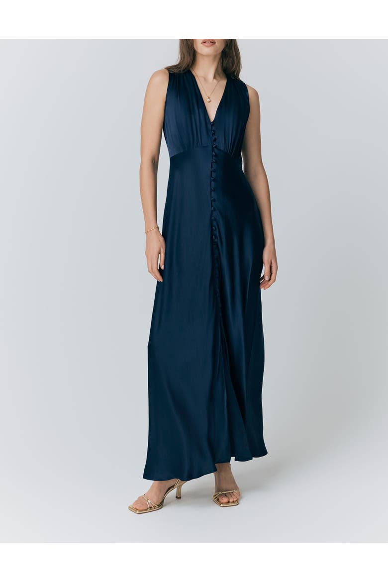 River V Neck Button Satin Maxi Dress, Alternate, color, Navy