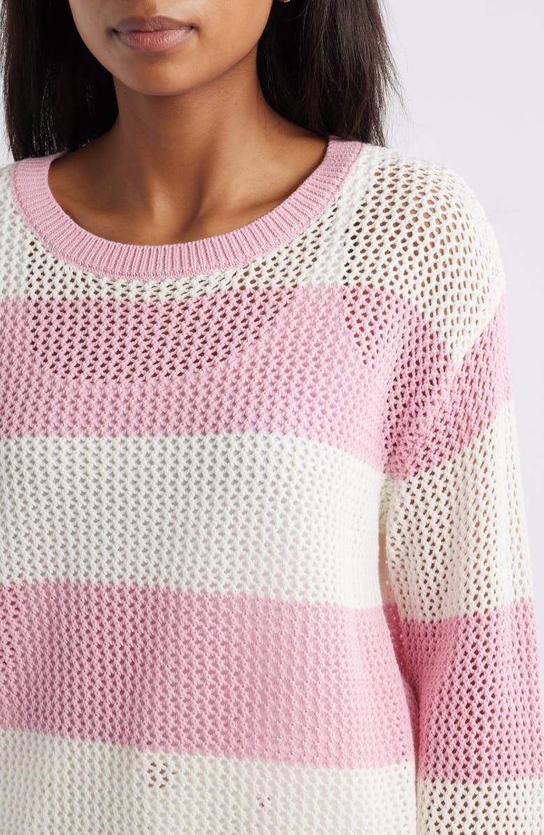 beachlunchlounge Tresa Stripe Crochet Crewneck Sweater, Alternate, color, Pink/Ivory