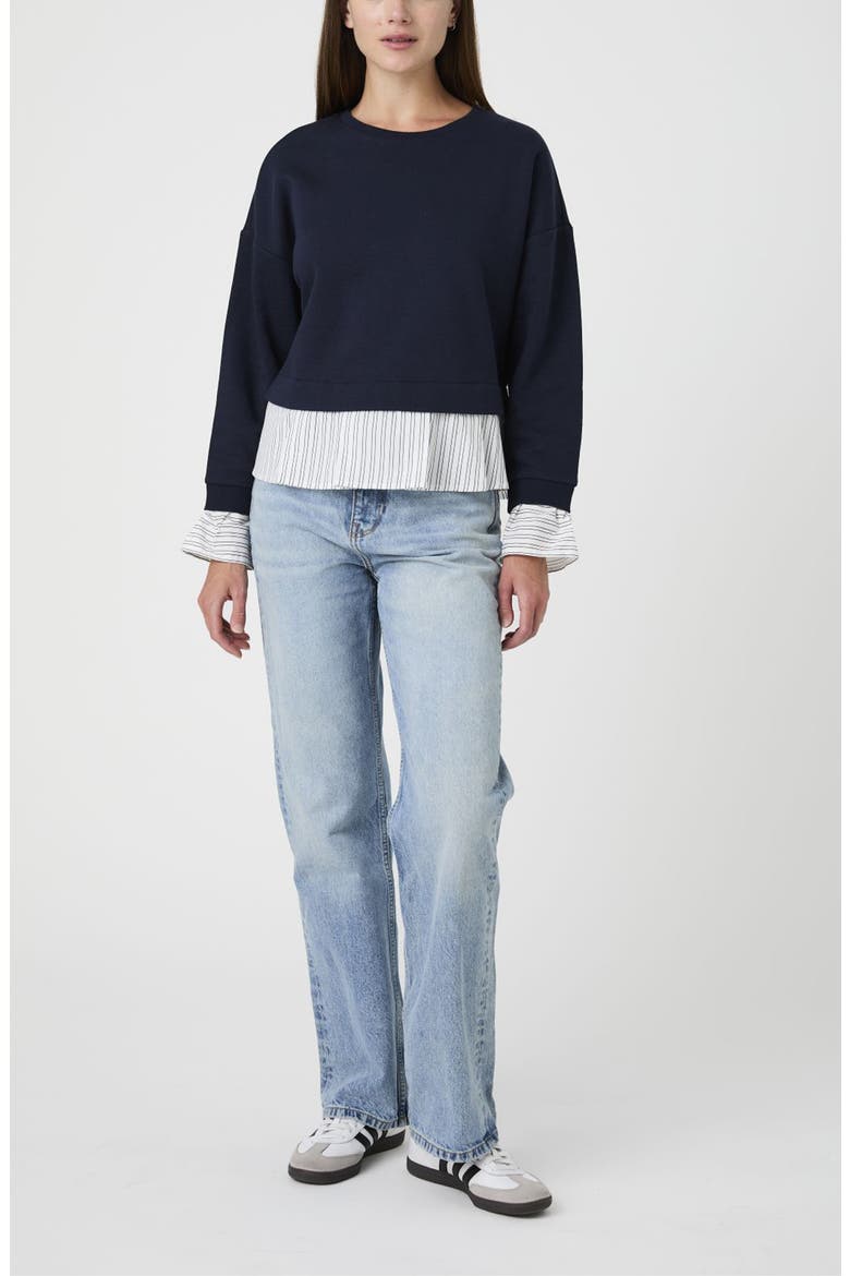 Cotton Crewneck Mixed Media Sweater, Alternate, color, NAVY/ WHITE BLUE STRIPES