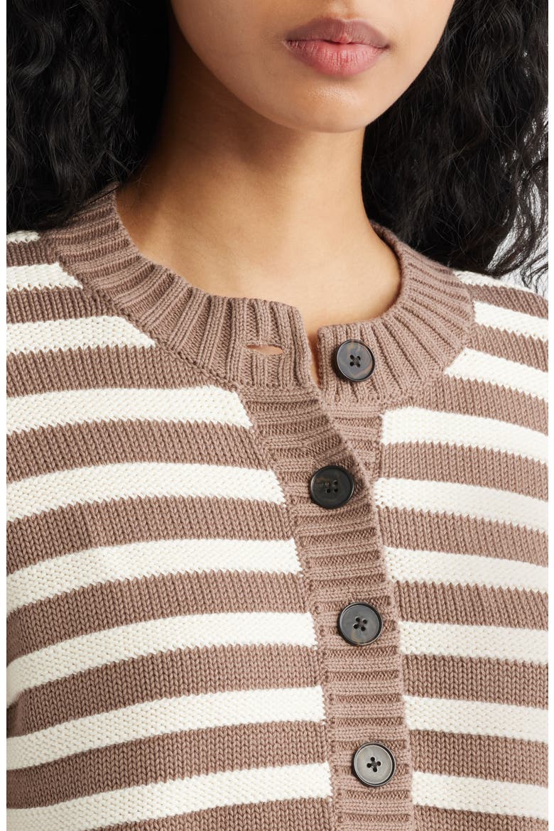 Button Front Cotton Crewneck Cardigan, Alternate, color, LIGHT UMBER AND IVORY
