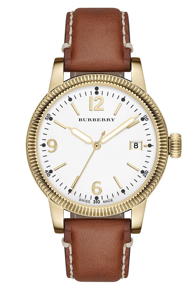'Utilitarian' Round Leather Strap Watch, 38mm, Main, color, SADDLE/ GOLD