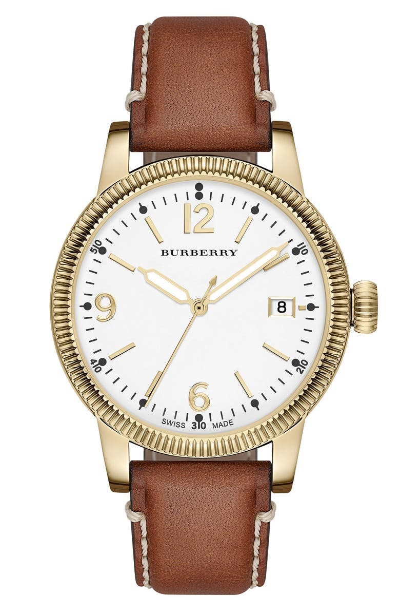 Burberry 'Utilitarian' Round Leather Strap Watch, 38mm, Main, color,