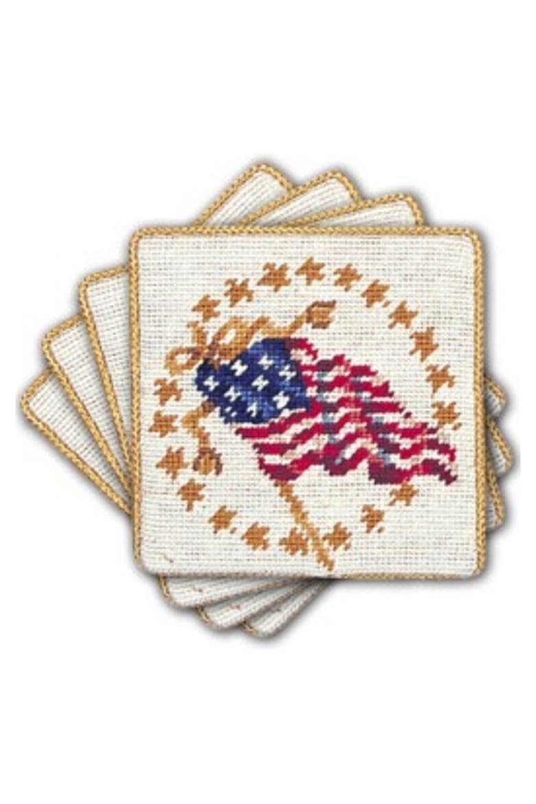 4" USA Glory Decorative Petit Point Coasters Set of 4 Americana Patriotic, Main, color, White