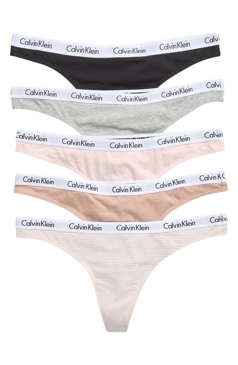 Calvin Klein Logo Thongs - Pack of 5, Main, color, Black/Grey/Pink/Beige Multi