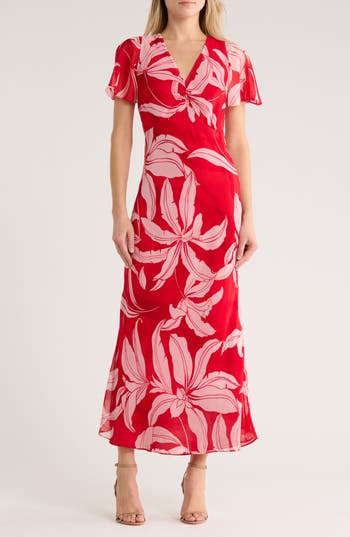 Parker Flutter Sleeve Tie Back Maxi Dress In Red