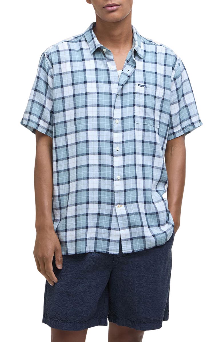 Barbour Midfield Plaid Short Sleeve Lyocell & Linen Button-Up Shirt, Main, color, 