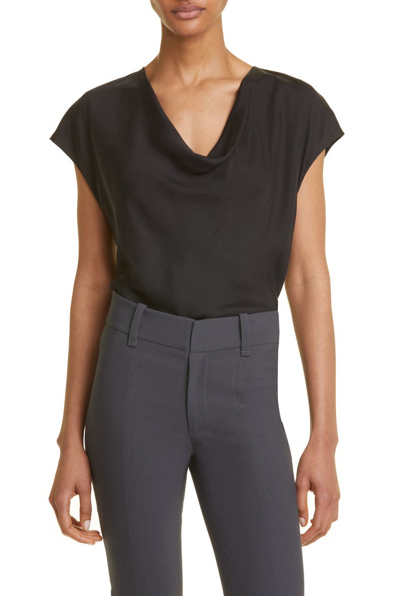 Cowl Neck Cap Sleeve Silk Blend Blouse, Main, color, BLACK