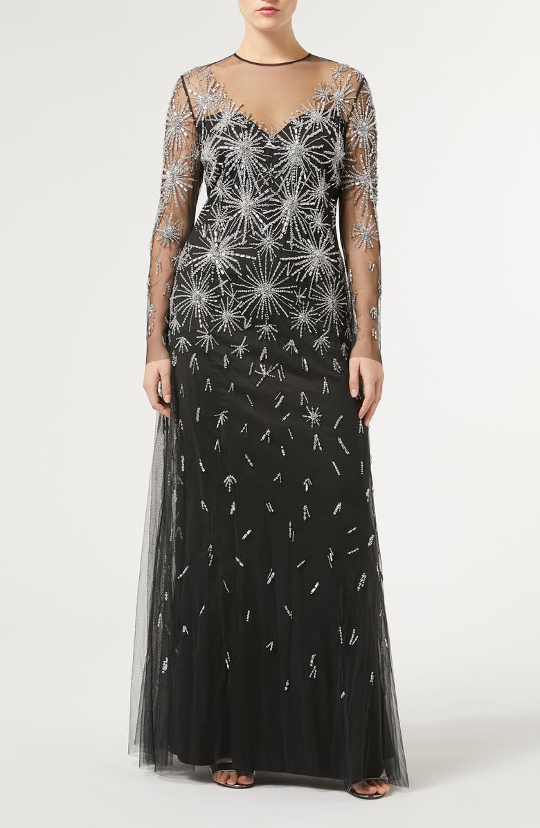 Marina Rinaldi Polka Embroidered Tulle Long Sleeve Gown, Main, color, 