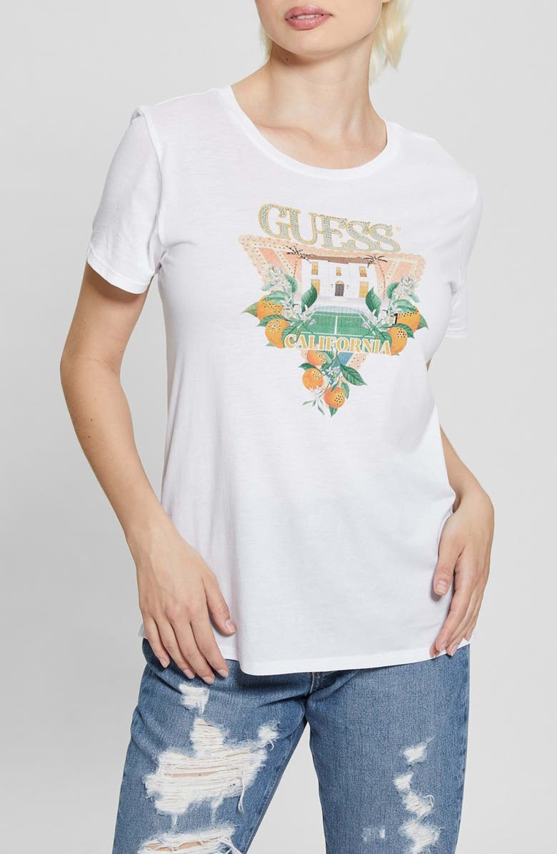 GUESS Mansion Rhinestone Embellished Logo Graphic T-Shirt, Main, color, 