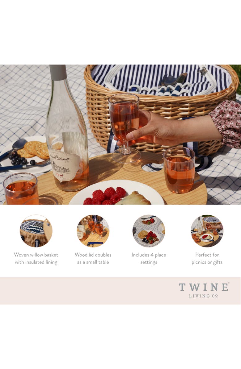 TWINE Central Park Willow Picnic Basket Set for Four, Alternate, color, Brown