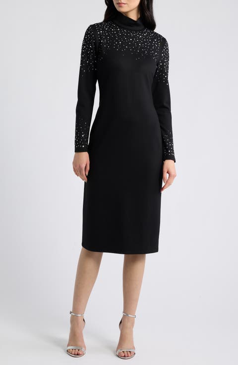 Rhinestone Embellished Mock Neck Sheath Dress