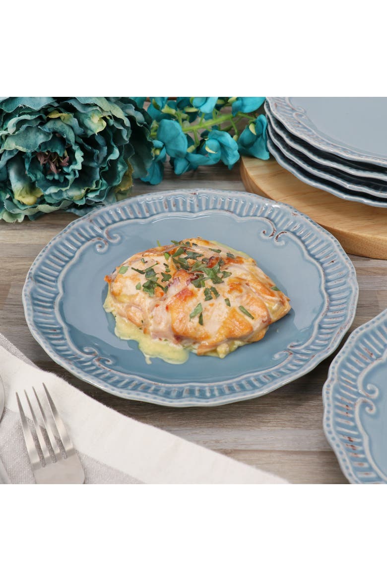 Capri 6 piece 11in Stoneware Embossed Dinner Plate Set, Alternate, color, Blue
