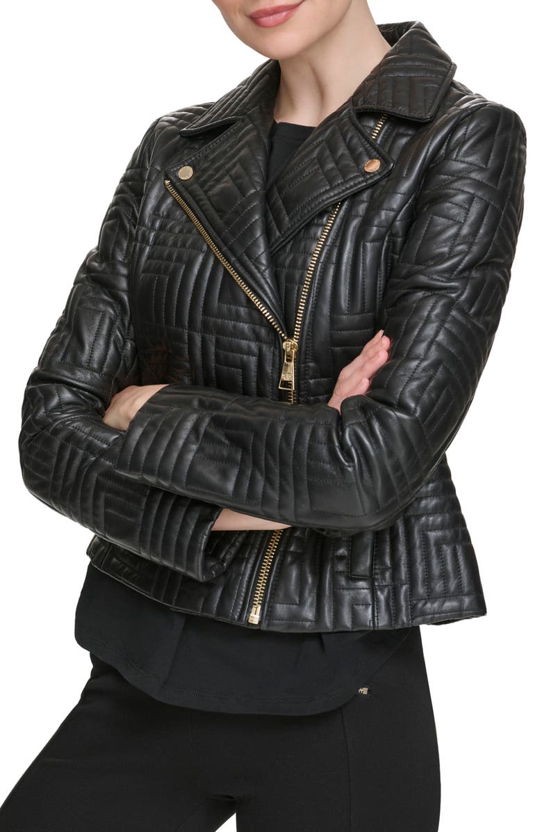 KARL LAGERFELD PARIS Double Quilted Leather Moto Jacket, Alternate, color, 