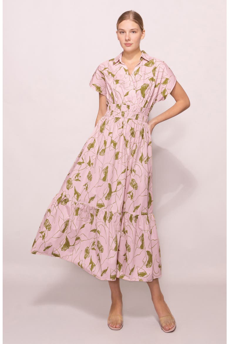 Short Sleeve Poplin Tiered Midi Dress, Alternate, color, LIGHT PINK OLIVE PRINT