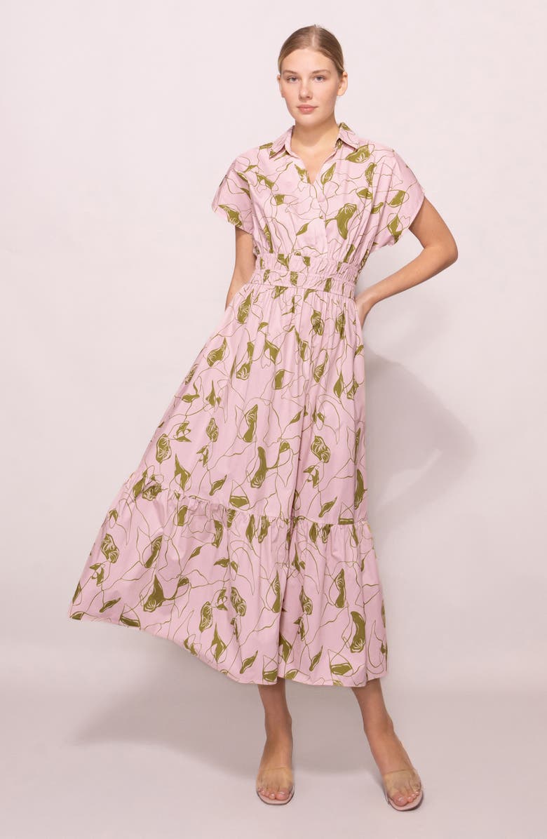 MELLODAY Short Sleeve Poplin Tiered Midi Dress, Alternate, color, Light Pink Olive Print