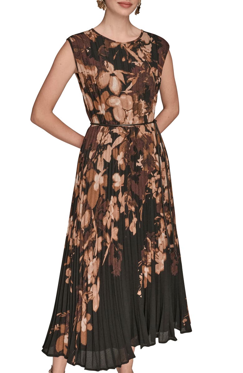 Donna Karan New York Belted Floral Georgette Midi Dress, Alternate, color, Black/ Fawn
