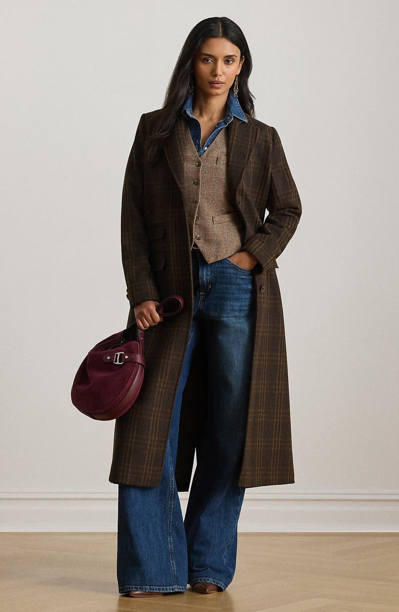 Lauren Ralph Lauren Longline Plaid Wool Blend Reefer Coat, Alternate, color, Brown Plaid