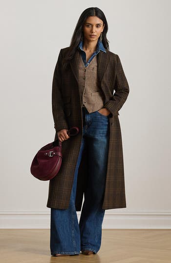 Longline Plaid Wool Blend Reefer Coat