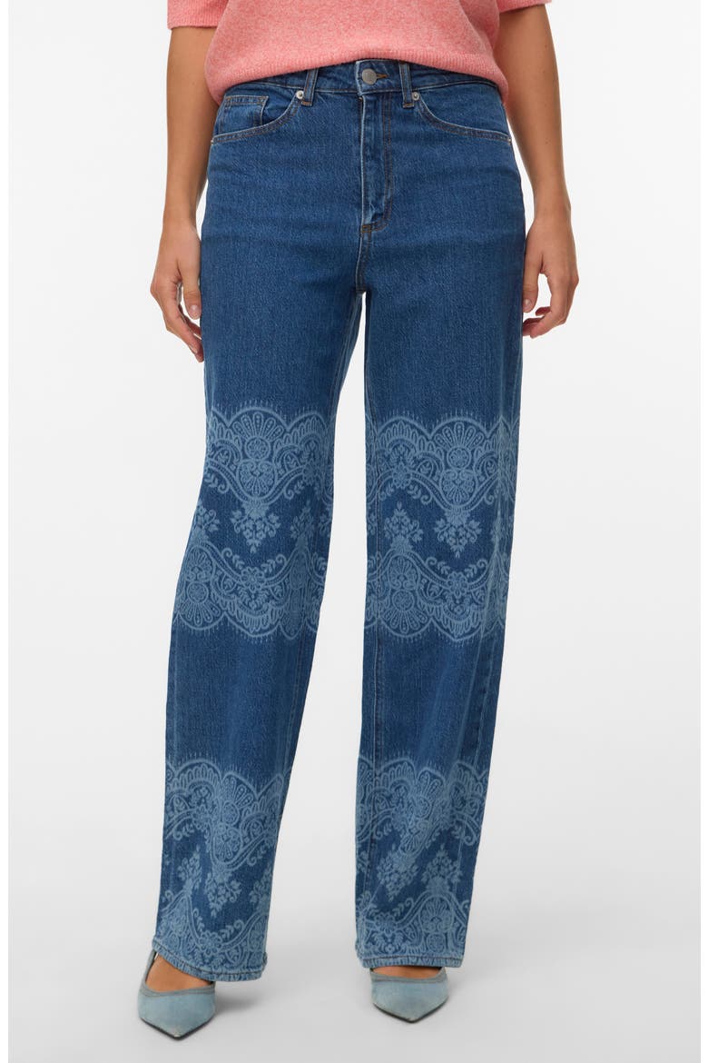 High Waist Laser Print Wide Leg Jeans, Main, color, MEDIUM BLUE DENIM LASER LACE