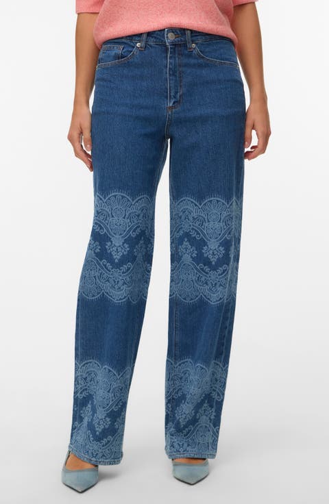 High Waist Laser Print Wide Leg Jeans