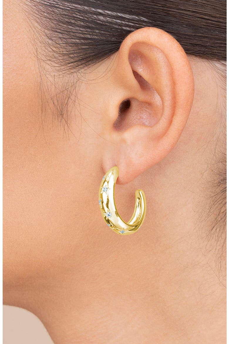 Cubic Zirconia Star Accent Hoop Earrings, Alternate, color, GOLD