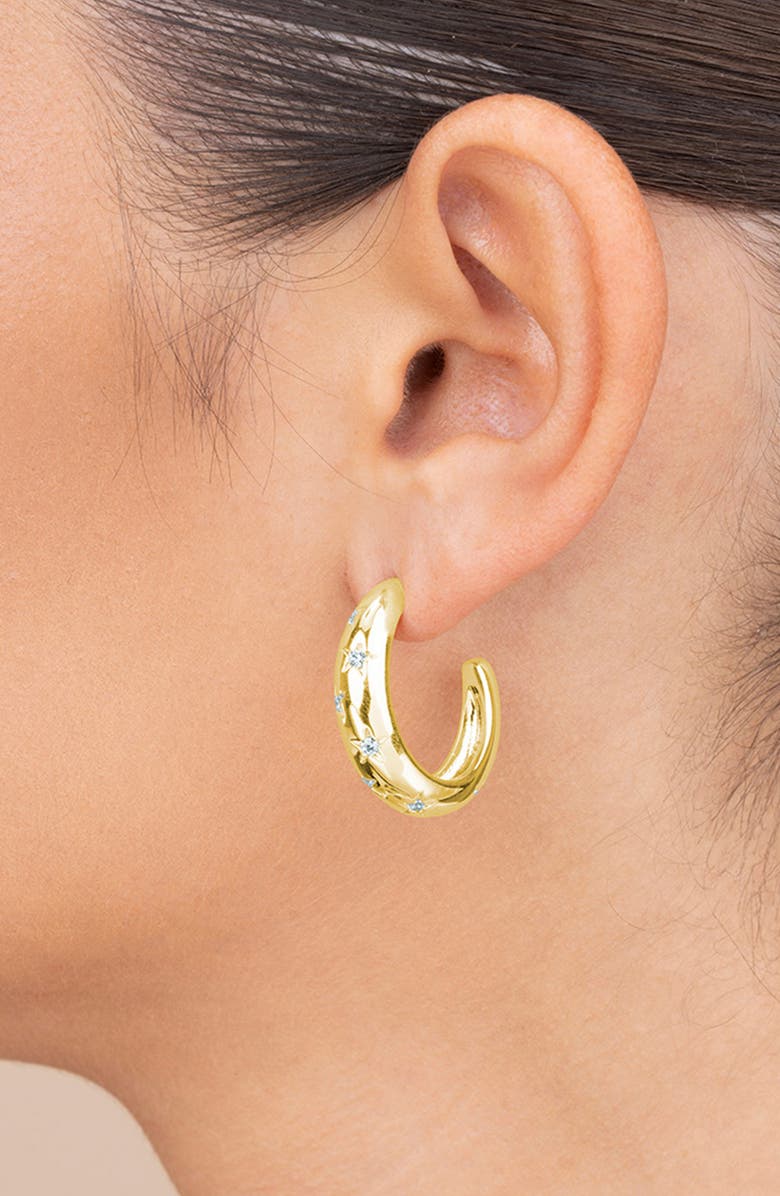 Sterling Forever Cubic Zirconia Star Accent Hoop Earrings, Alternate, color, Gold