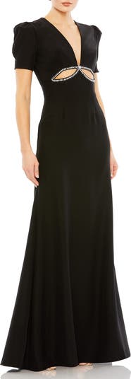 Flutter Sleeve Faux Wrap V-Neck Embellished Tea Length Dress