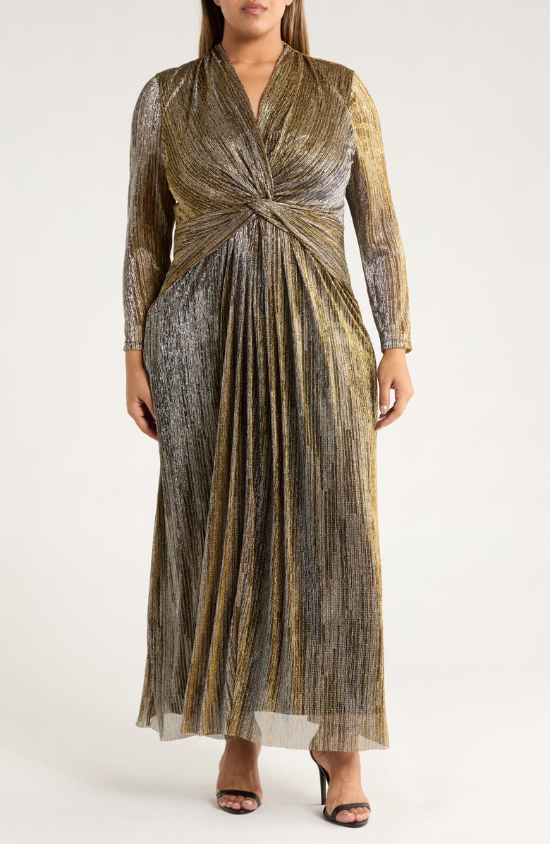 Anne Klein Metallic Twist Front Long Sleeve Maxi Dress, Main, color, Gold/ Anne Black