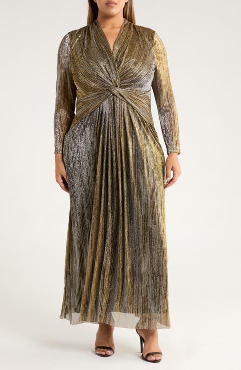Metallic Twist Front Long Sleeve Maxi Dress (Plus)