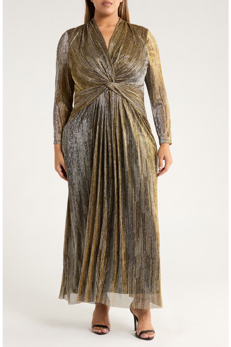 long sleeve metallic maxi dress Metallic Blush Coast Metallic Pleated Maxi Dress