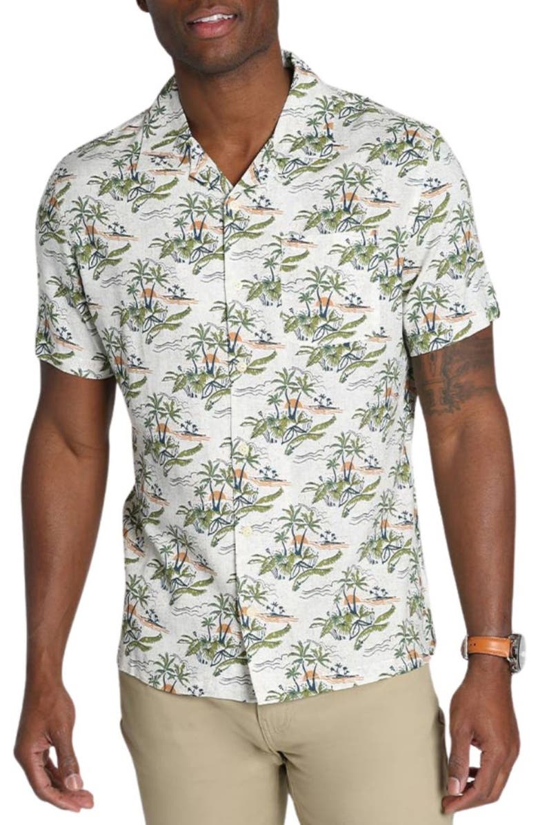 JACHS Tropical Print Short Sleeve Linen & Cotton Button-Up Shirt, Main, color,