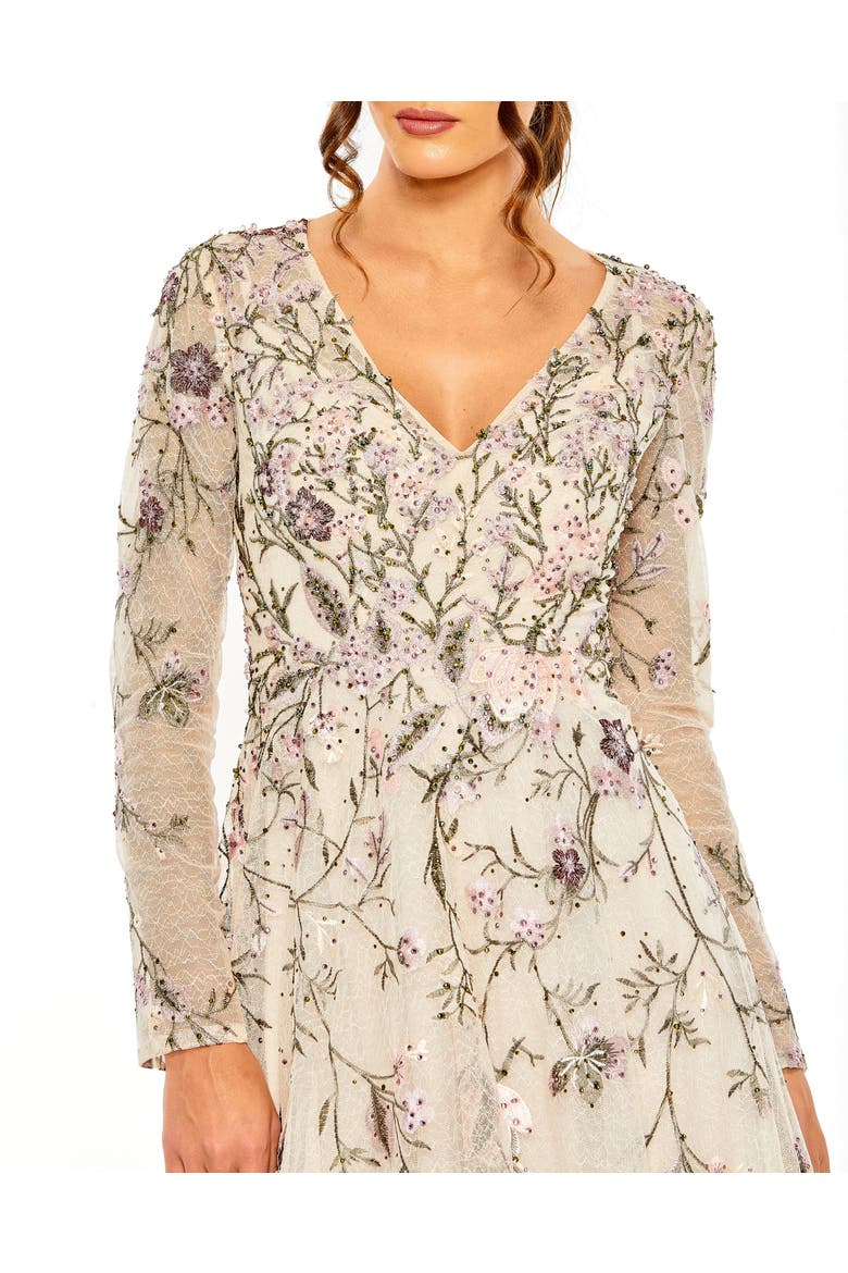 Women's V Neck Long Sleeve Embroidered A Line Gown, Alternate, color, Blush
