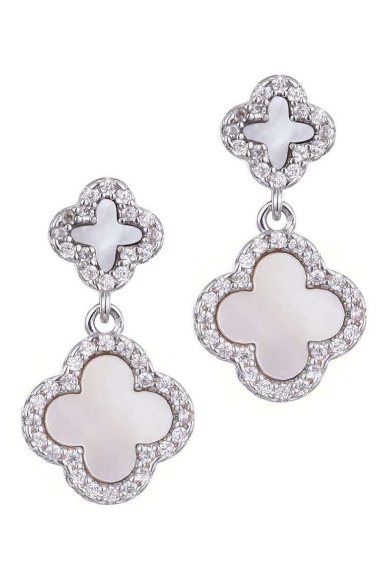 Pavé CZ Double Clover Drop Earrngs, Alternate, color, SILVER-WHITE