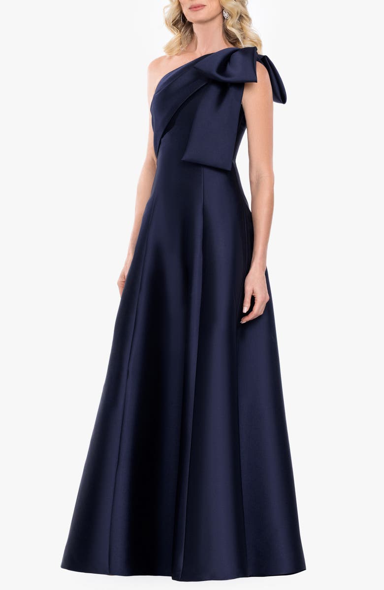 Betsy & Adam Bow Detail One-Shoulder Mikado Fit & Flare Gown, Alternate, color, Navy
