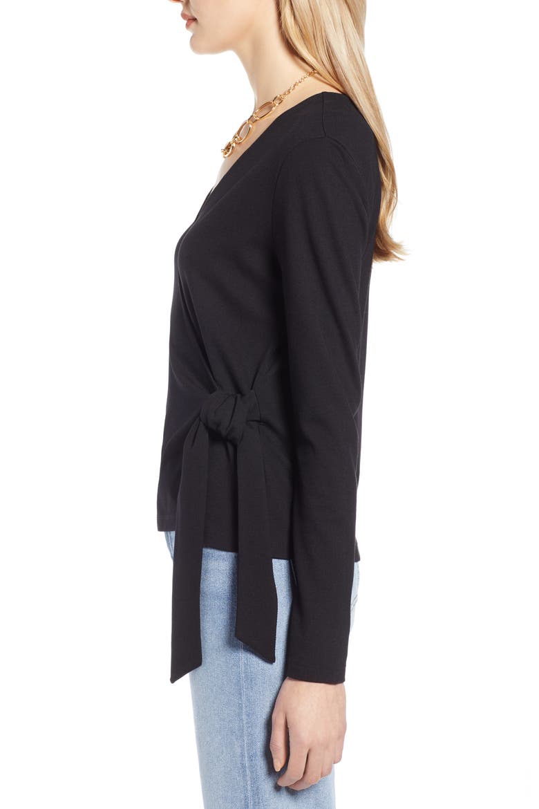 Ballet Wrap Ponte Knit Top, Alternate, color, BLACK