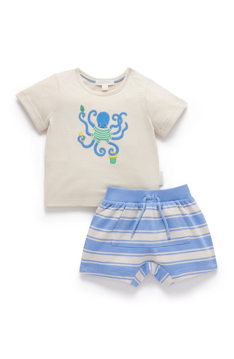 Purebaby Octopus Short & Tee Set, Main, color, Ocean Stripe
