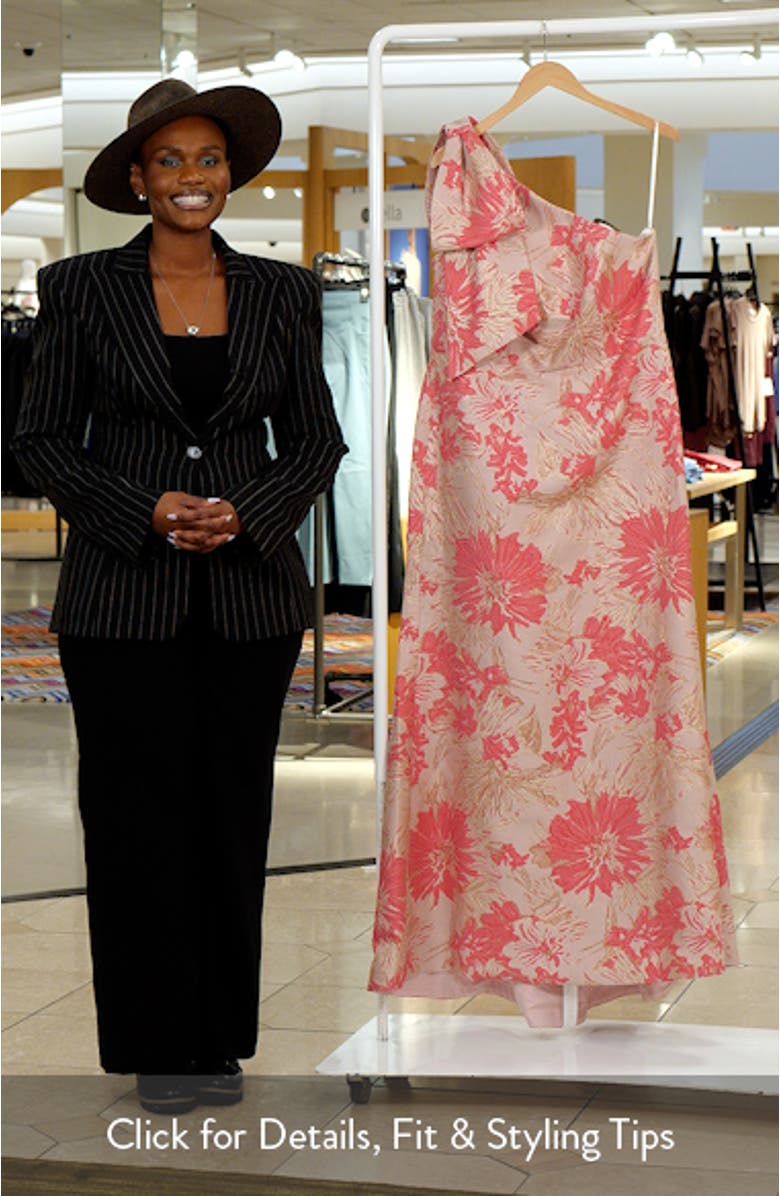 One-Shoulder Metallic Floral Jacquard Trumpet Gown, sales video thumbnail