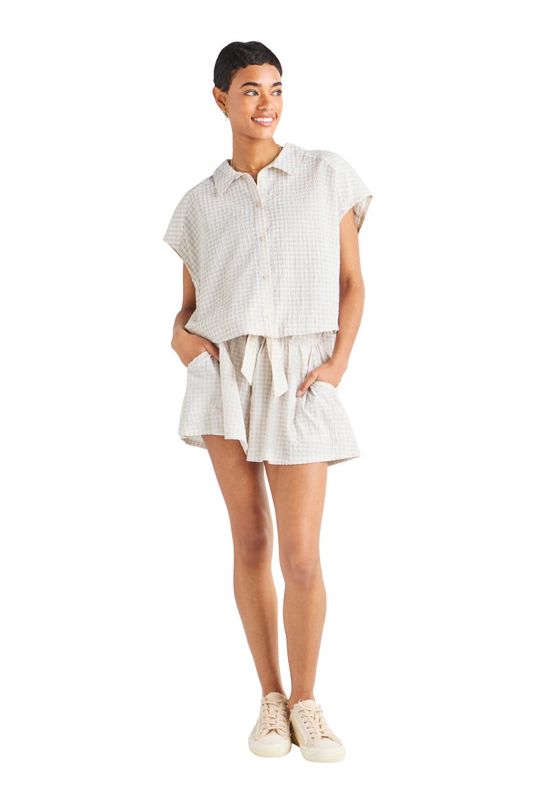 Gabrielle Cotton Blend Gingham Button-Up Shirt, Alternate, color, WHITE SAND/ WHITE