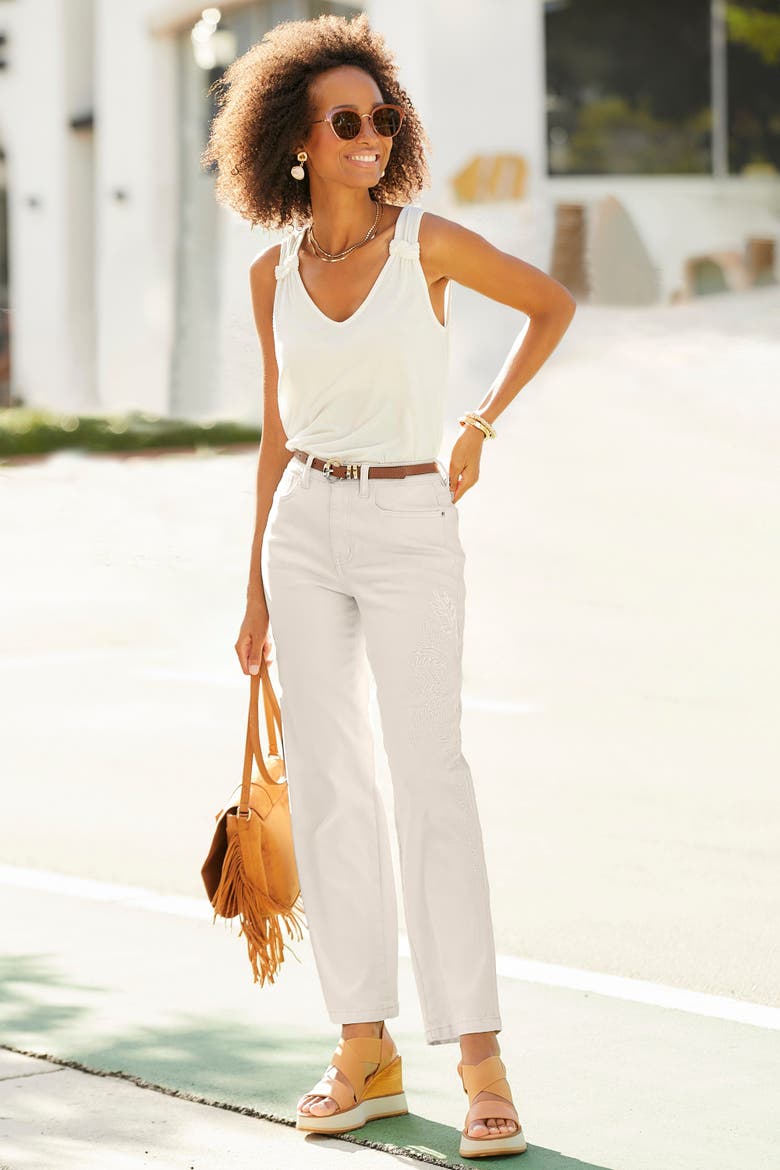 Embroidered Straight Leg Jeans, Alternate, color, White