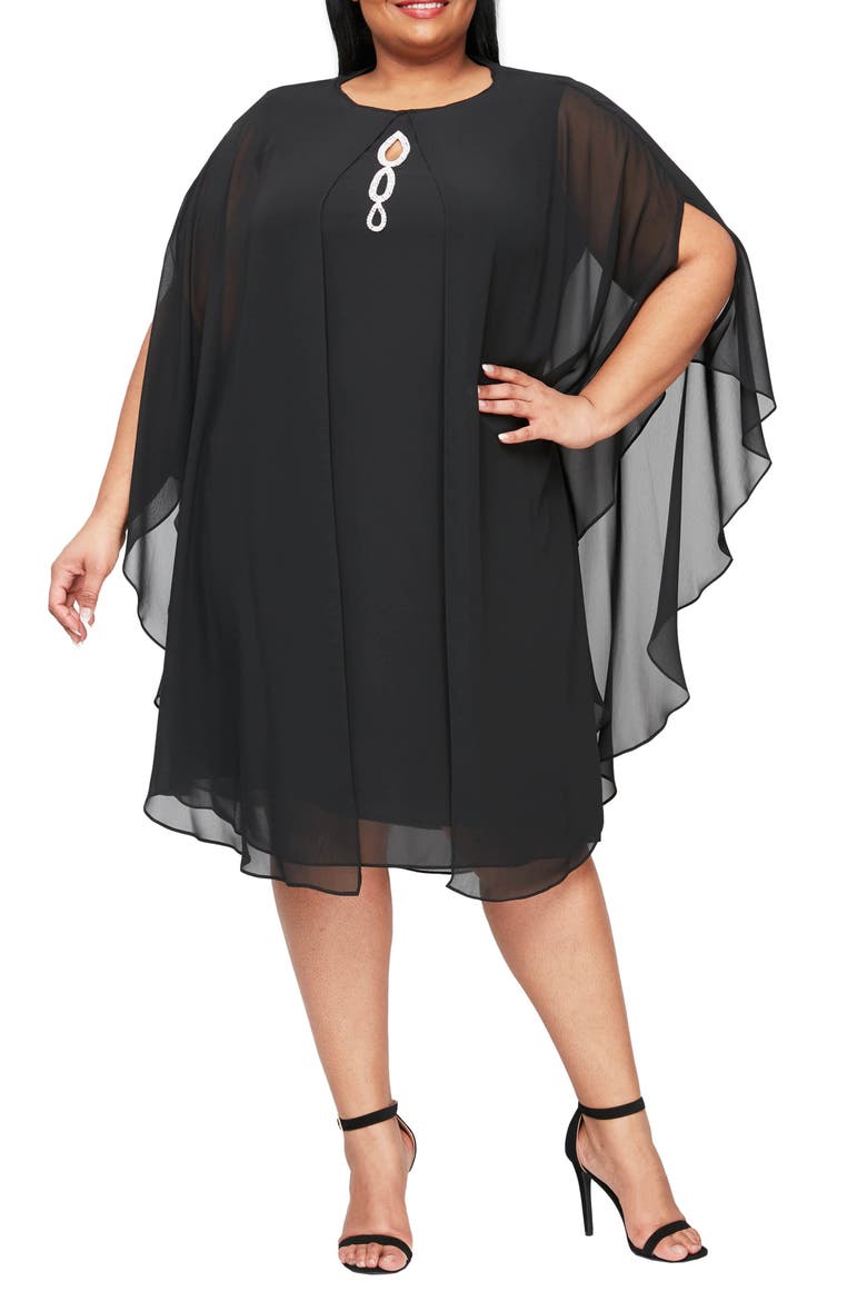 High Neck Multi Chiffon Capelet & Dress 2-Piece Set, Main, color, BLACK