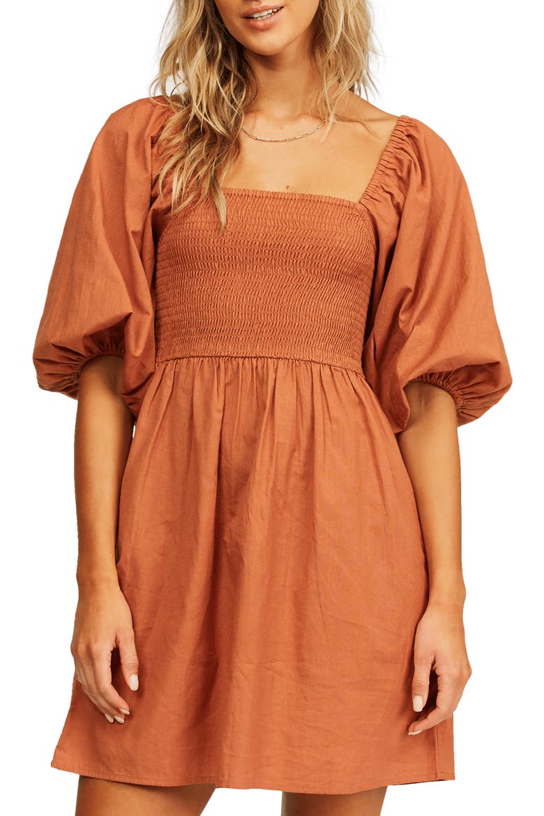 Paradise Days Puff Sleeve Minidress, Main, color, BRONZE