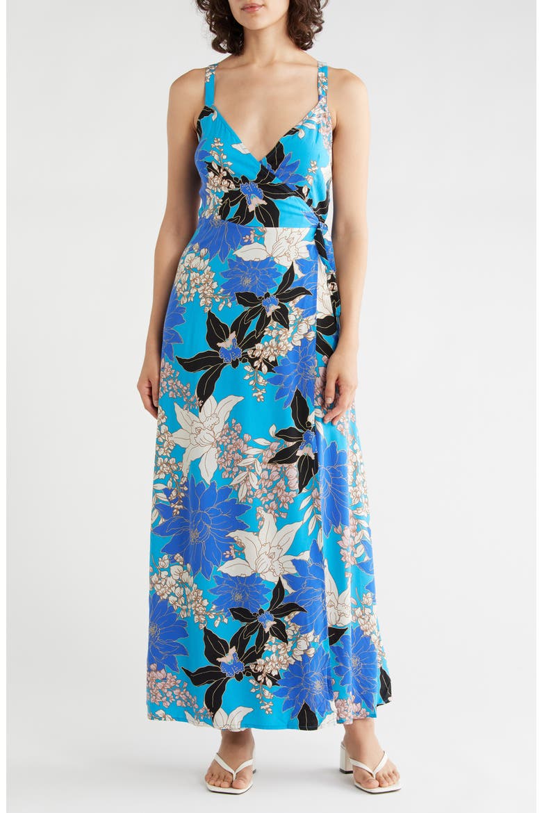 Maxi Wrap Dress, Main, color, TURQUOISE/ BLACK